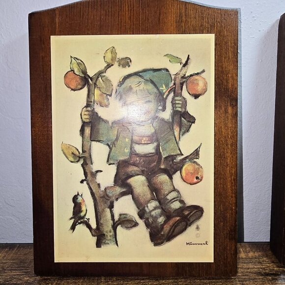 Vintage Set MCM Hummel Wall Plaques Boy & Girl On Trees Wooden Backing Rustic - Picture 3 of 12